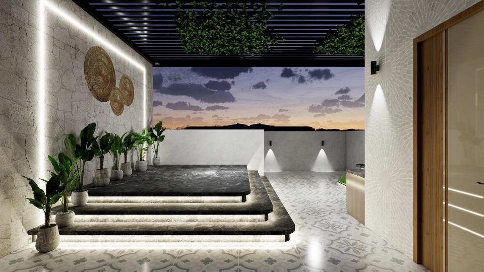 Modern rooftop terrace with stone textured LED lit feature wall, three circular woven wall art murals, dark marble platform with step lights, white embossed radial wall.