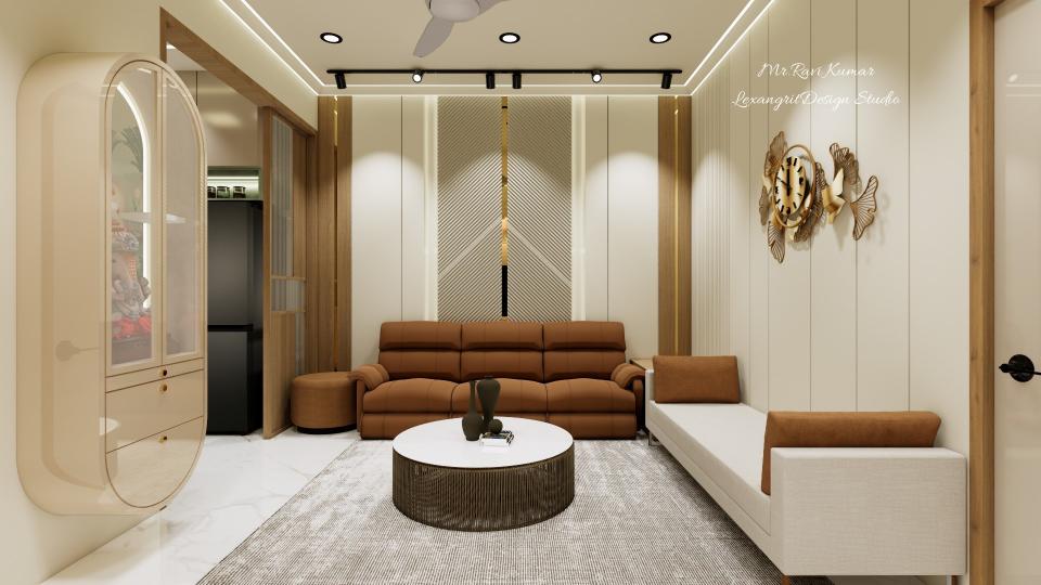 Living room with a cream laminate groove-patterned sofa back wall with wooden texture and golden patti, a brown three-seater sofa, coffee table with grey mat, a cream sofa backed by a beige textured wall with gold mural, and a cream puja unit on the left.