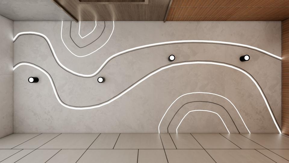 Ceiling design with an off-white surface decorated with flowing wavy LED light strips, four black cylindrical spotlights, and transitions to wooden slats at the top, an orange-tiled wall on the right, and a paneled white wall at the bottom.