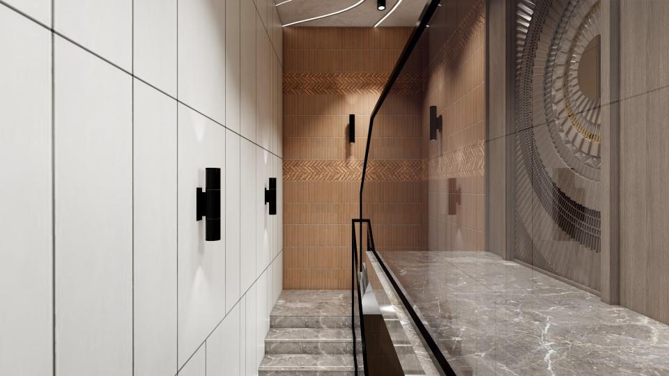 Staircase with light orange tiles, a white wall with vertical grid grooves and black wall light on the left, and a glass railing with black frame reflecting circular geometric patterns of a CNC cut wooden door on the right.
