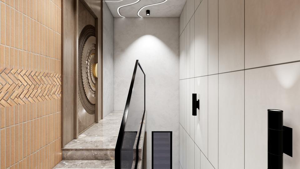 View of the staircase from a marble landing with an orange-tiled wall and CNC cut wooden door with circular radial design on the left, a black-framed glass railing in the center, a white paneled wall with black vertical lighting on the right, and a ceiling with wavy recessed LED light strips.