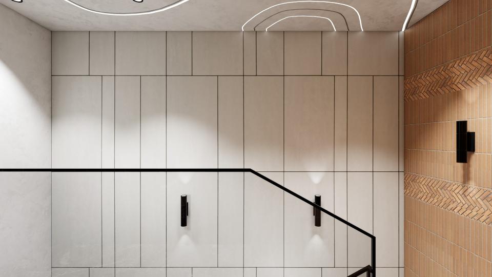 Central wall with large off-white grooved panels and two black cylindrical lights, orange vertical tiles with double-banded herringbone pattern to the right, black minimalist handrail in the foreground, and a ceiling with modern wavy LED light strips.