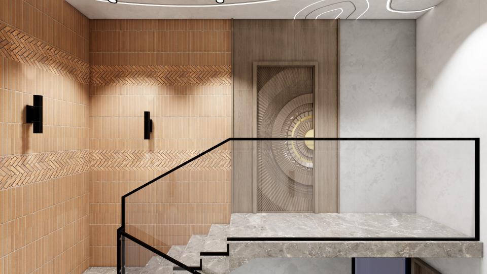 Staircase landing with grey marble floor, black framed glass railing, terracotta vertical tiles wall cladding, wooden door with CNC circular pattern.