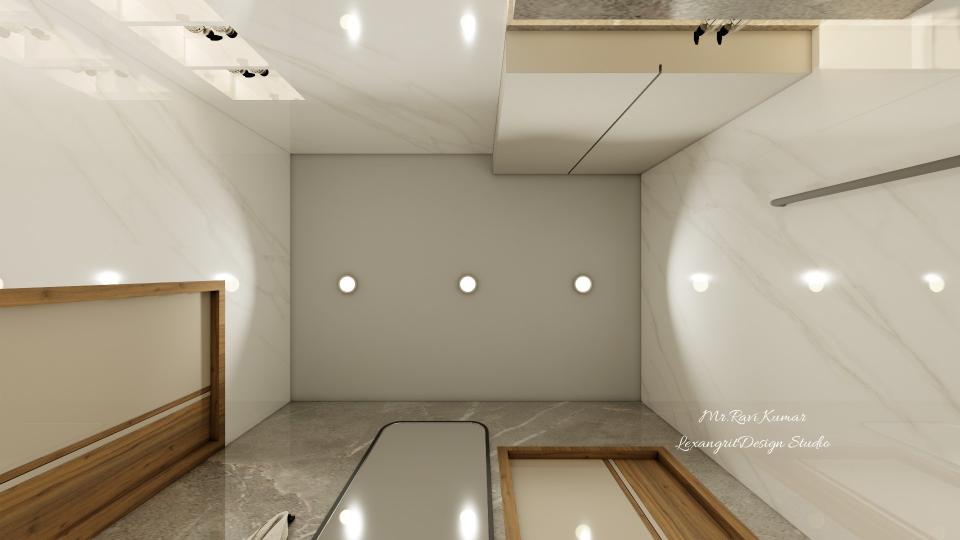 False ceiling view of a bathroom made of gypsum, showing the layout of recessed lights