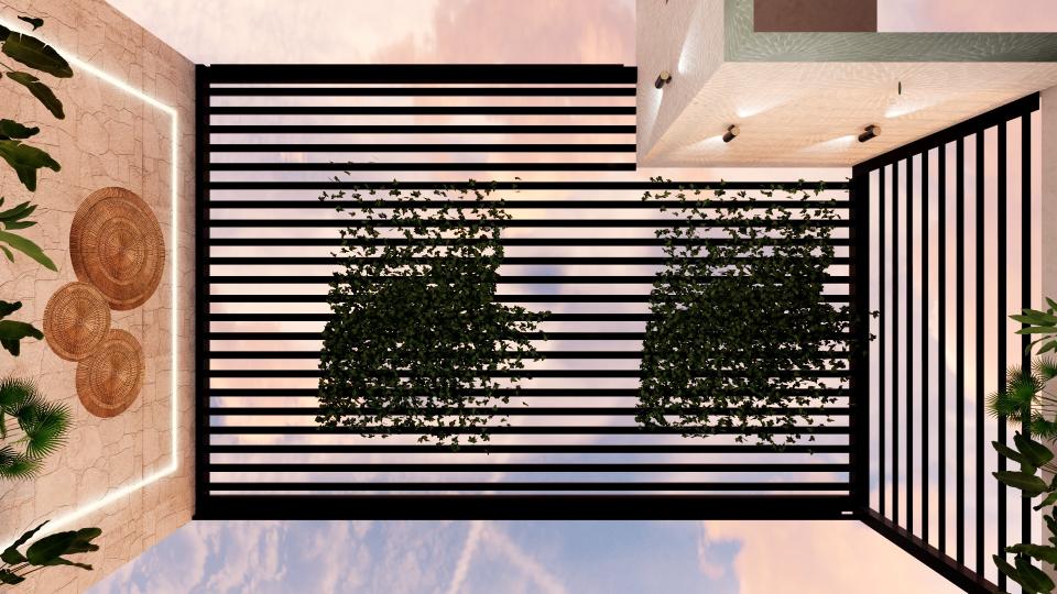 View straight up from rooftop terrace toward sky through large black metal slatted pergola covered with green climbing vines.
