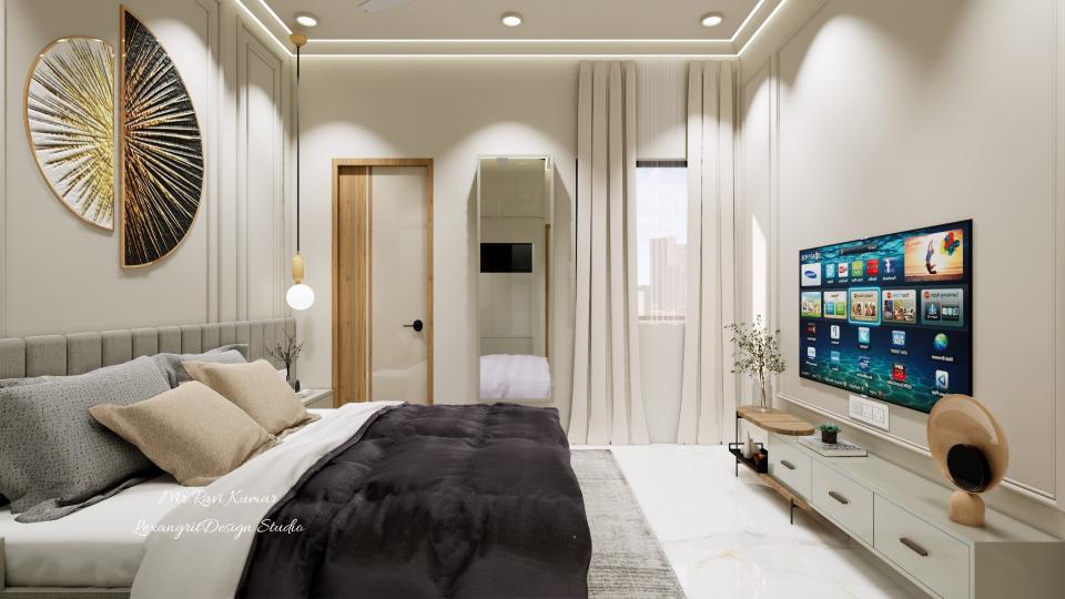 Bedroom view showing a tall rectangular mirror, a window with full-height curtains, a wooden laminate door, a tufted bed headboard with circular gold wall mural art to the left, and a TV unit with a console to the right.