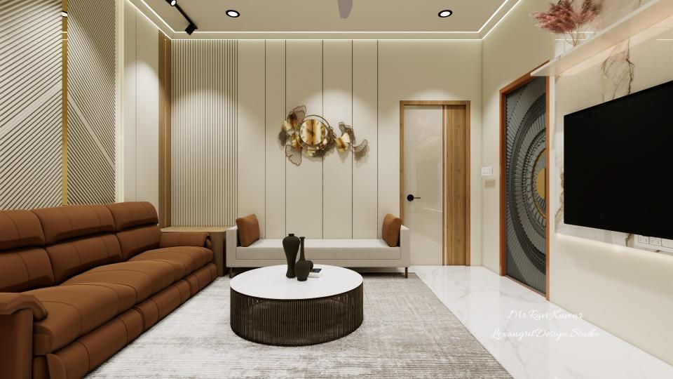 A living area with a beige textured panelled wall with grooves and wood, a gold mural art piece and door, a three-seater brown sofa backed by slant grooves and a golden patti on the left, and a TV mounted on a white marble textured wall to the right.