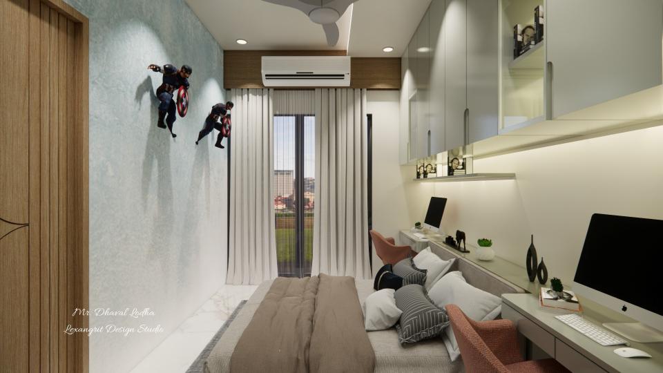 AC pelmet design in children's bedroom with full height curtain panel integrating air conditioner unit seamlessly by Lexangrit Design Studio