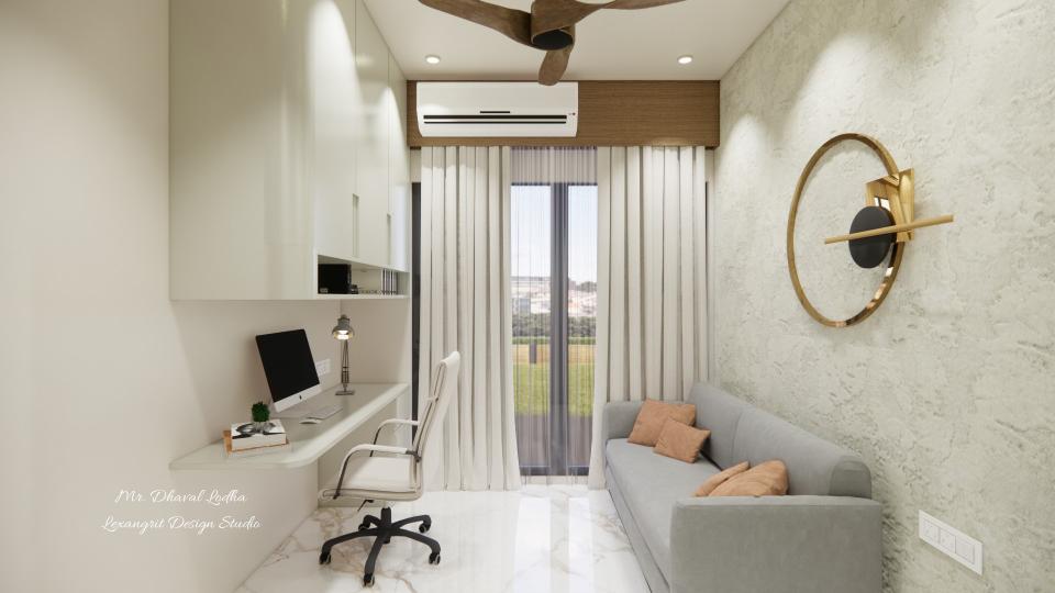 Bedroom AC pelmet design featuring a split AC unit housed inside a wooden box pelmet, with full-height white curtains dropping from the ceiling and a study desk on the left