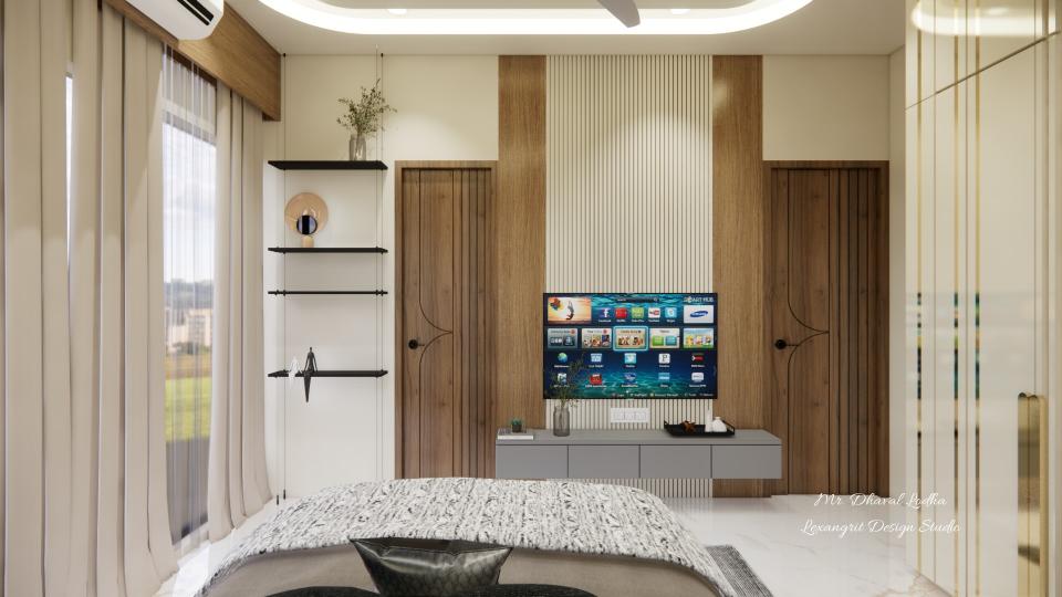 Bed room TV unit with louvers and wooden panels