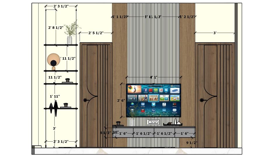 Bed room TV unit with louvers and wooden panels dimensions