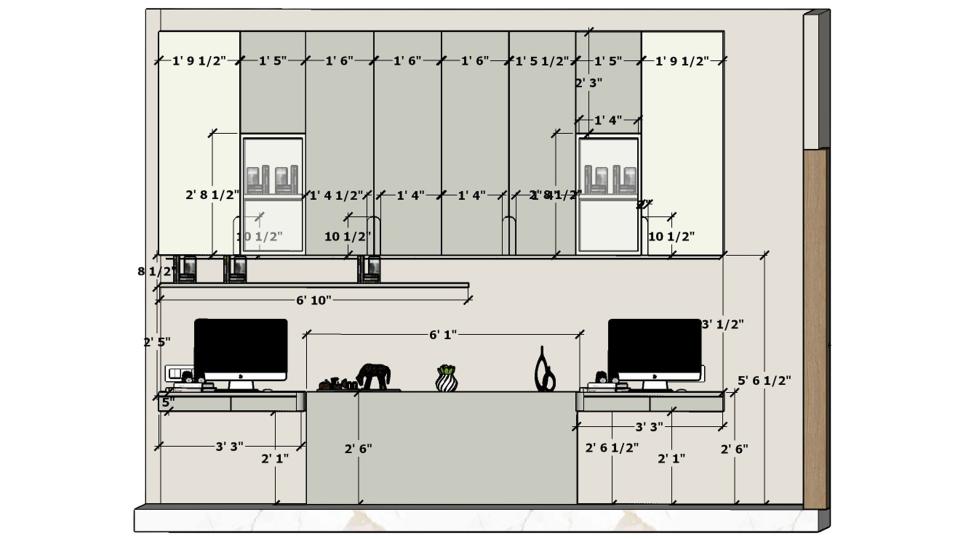 Children's bedroom bed back wall with study unit and glossy laminated storage working drawing 2D