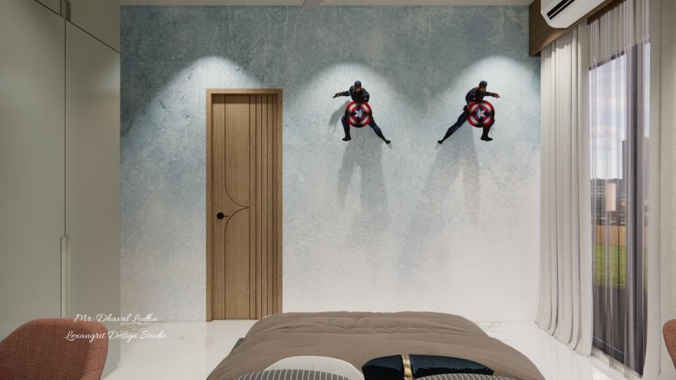 Children's bedroom plain wall with wallpaper and art piece