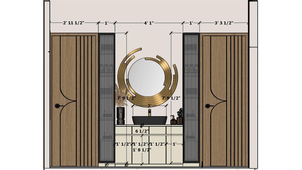 Dining hand wash area with mirror and stand alone glass unit working drawing 2D