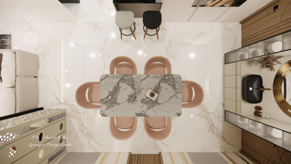 Dinning room top view planning, it has a 6 seater marble dinning table with peach coloured padded chairs, on the top 2 chairs are places infront of kitchen breakfast counter table, in the right a had wash area with fluted glass shutter is planed, on the left a CNC cutting mandir is placed and leaving is connecting same side