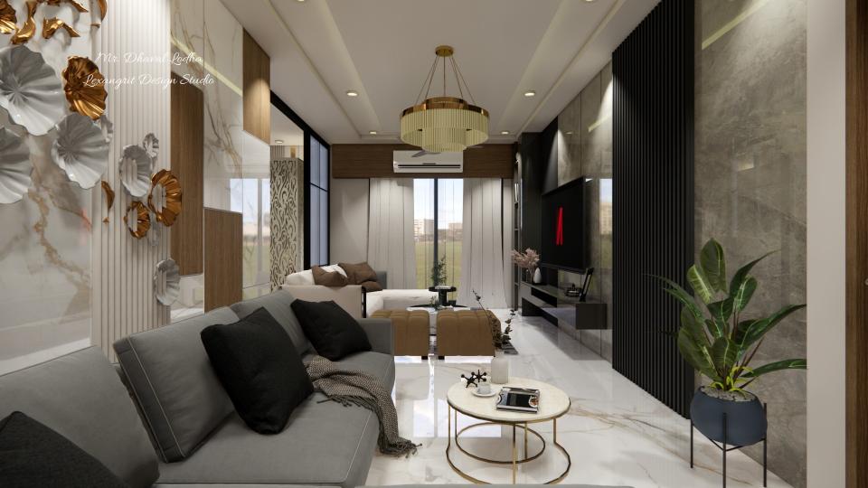 Drawing room view with wall art chandelier and full height curtain