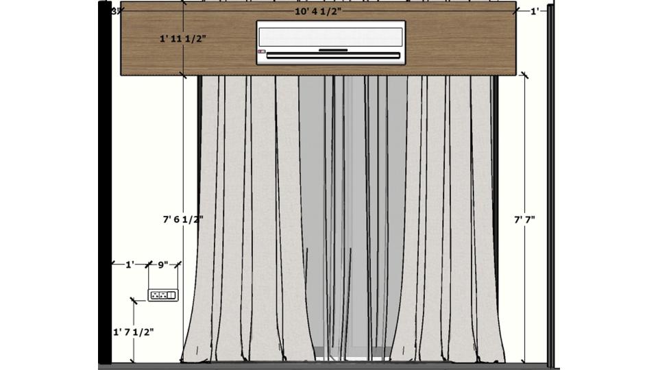 Drawing room view with wall art chandelier and full height curtain working drawing