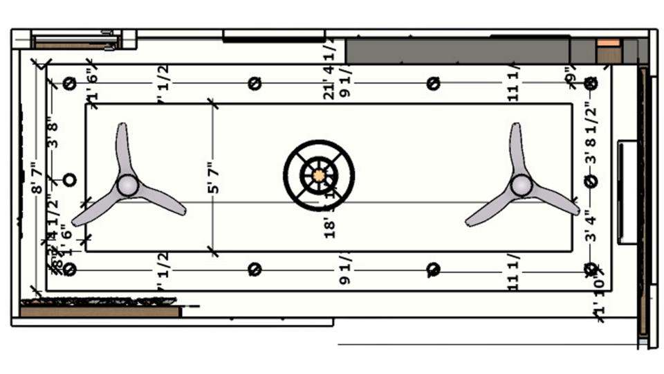 2D dimension drawing of main hall double fan false ceiling design with chandelier layout, showing ceiling measurements, fan placement, lighting points, and detailed false ceiling plan for living room.