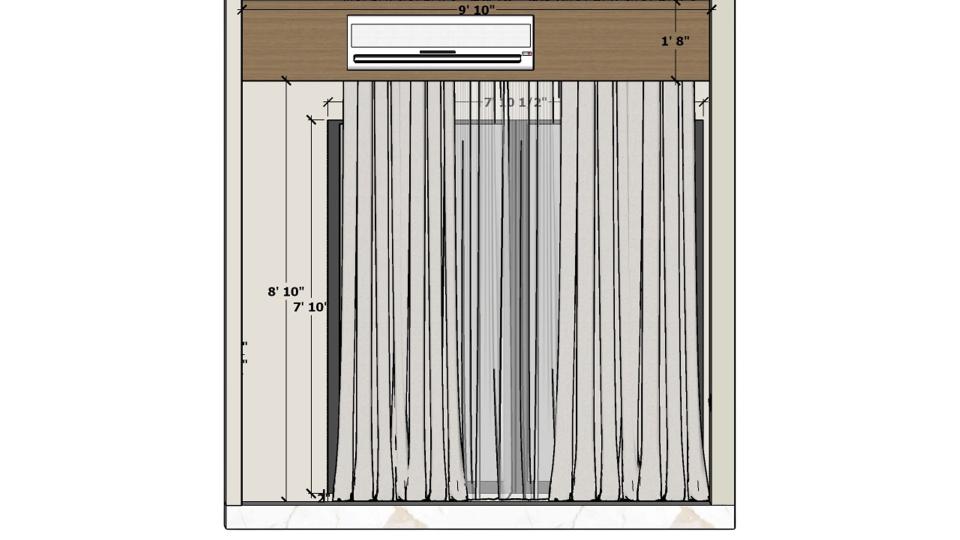 AC pelmet with curtain in guest bedroom featuring full height curtain view, AC on pelmet dimensions, and a clean ac pelmet design for contemporary bedroom interiors.