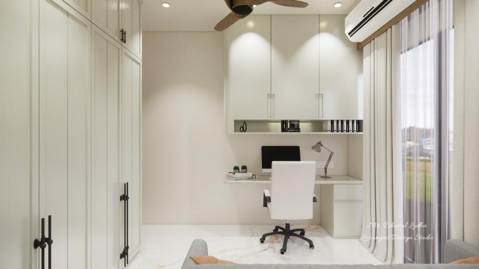 Small bedroom with study table featuring a white SMT/UMT laminated study unit, horizontal open shelf, swing shutter, and handleless cabinets extended to the ceiling; modern study unit design in bedroom for small study room design.