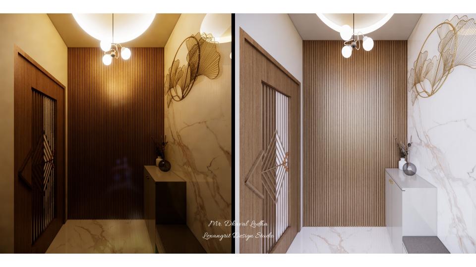 Individual house entrance night time view and day time view