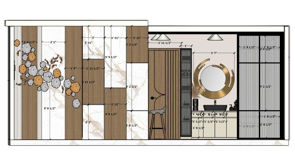 Living room and drawing room back wall design with mini militia sofa wallet PVC Marvel laminate and WPC fluted louvers working drawing 2D