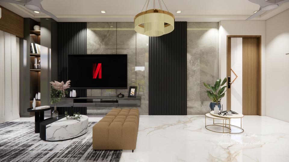 Living room TV unit view with PVC laminate and black louvers