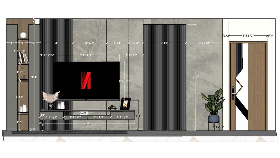 Living room TV unit 3D warehouse view featuring PVC laminate finish, black louvers, and modern TV unit design 3D warehouse layout for contemporary living room interiors.