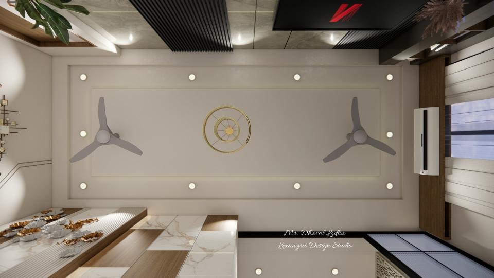 Main hall double fan ceiling design featuring false ceiling design for hall with two fans, chandelier lighting, and balanced modern ceiling design for living and drawing room interiors.