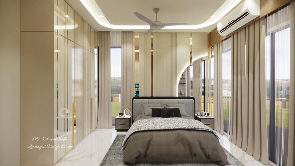 Master bedroom back wall with windows and half moon dressing unit