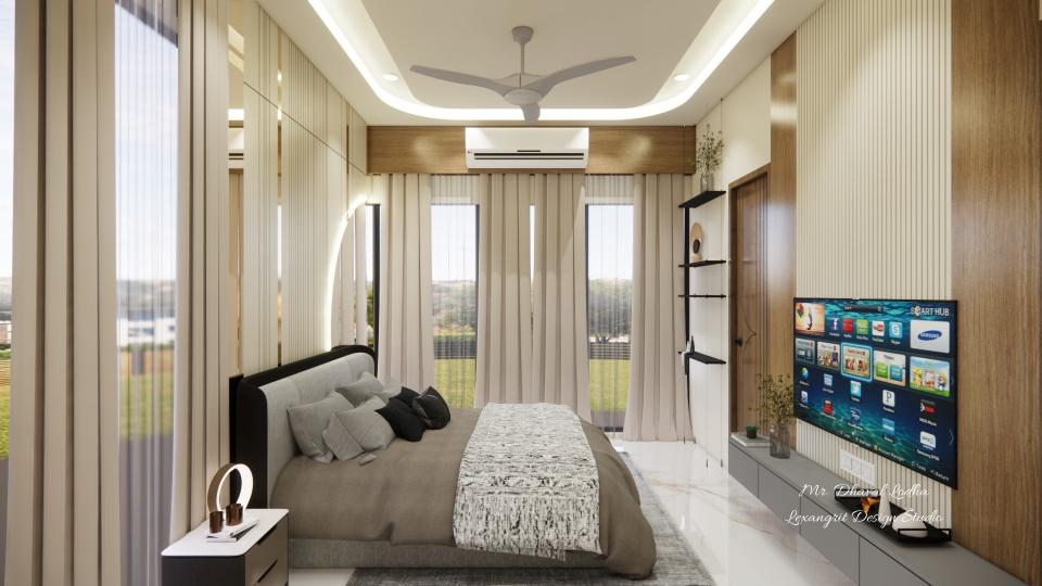 Master bedroom with full height curtain