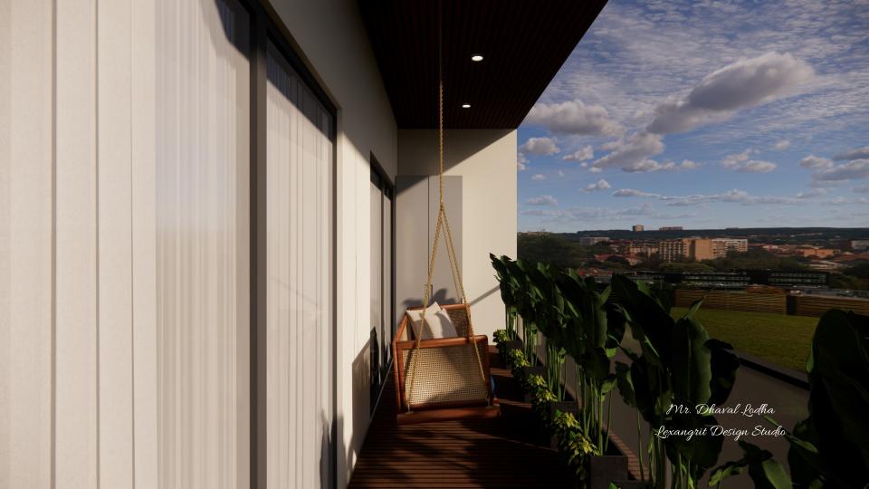 Modern outdoor balcony ceiling design with dark wood ceiling, recessed lights, cane swing chair and green plants