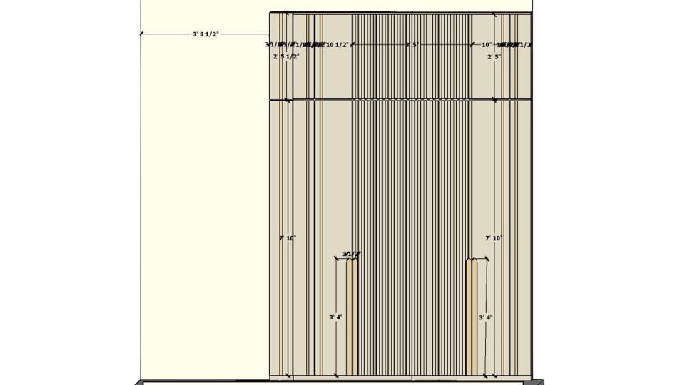2D wardrobe measurement drawing of a modern wardrobe design with golden strip showing dimensions, swing shutters, loft layout and louvered panel details for a master bedroom wardrobe