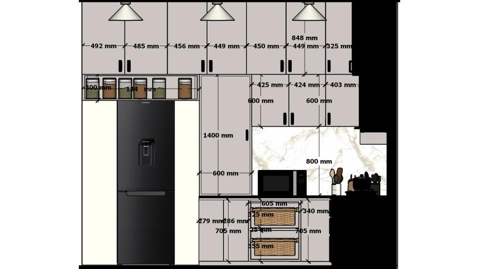 modular kitchen 2d drawing showing a modular kitchen working drawing with two wall kitchen layout including magic corner unit, wicker basket storage, fridge base unit, wall cabinets and kitchen loft measurements
