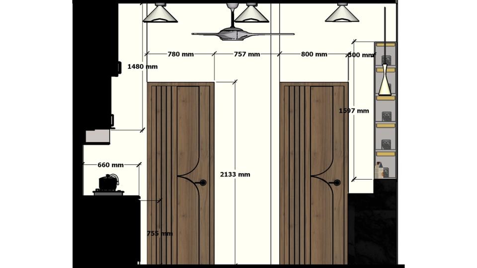 Modular kitchen opposite Wall door view working drawing 2D