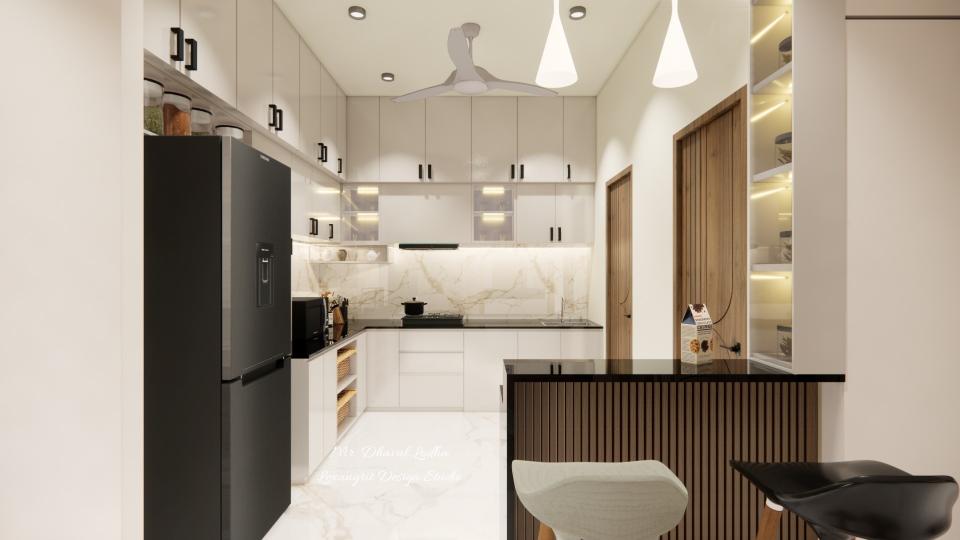 Modular kitchen view with white glossy laminate 3 drawer unit storm sink unit Singh glass cabinet and chimney