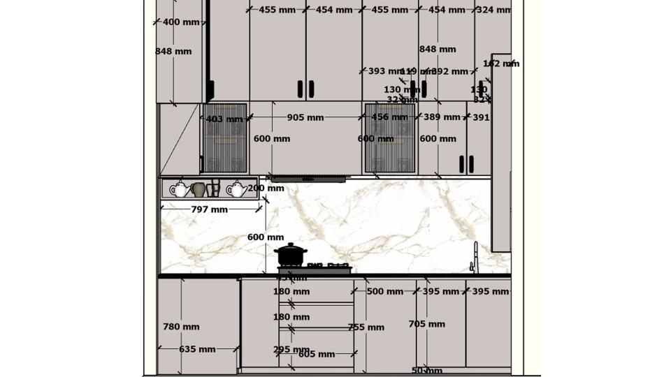 Modular kitchen view with white glossy laminate 3 drawer unit storm sink unit Singh glass cabinet and chimney working drawing 2D