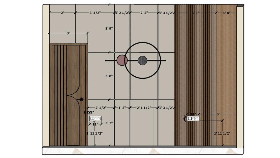 Sau bar bedroom design with pop back wall and WPC louvers working drawing 2D