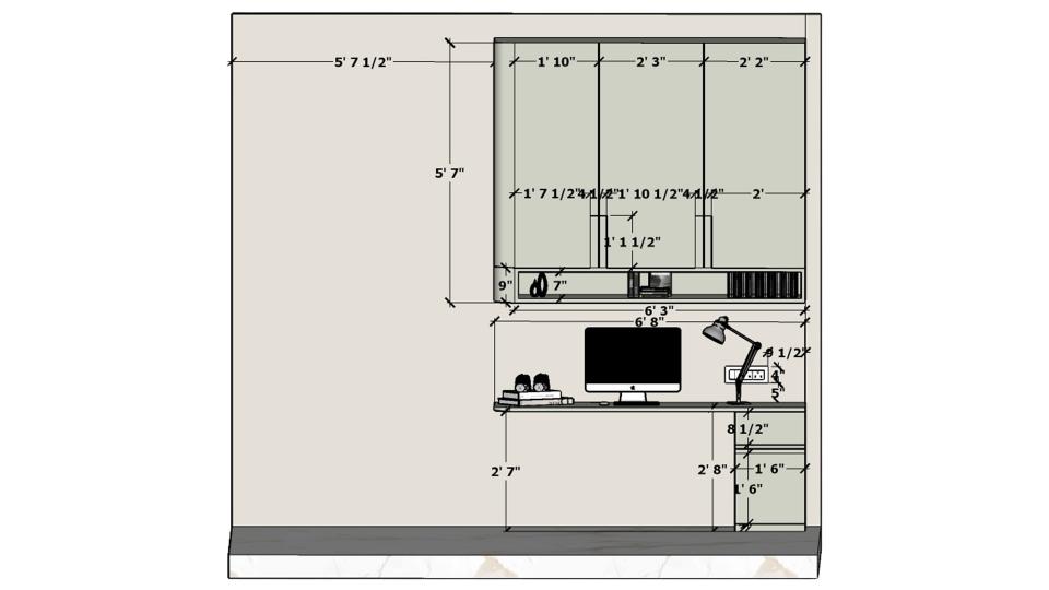 2D working drawing of a pista green study unit showing dimensions for upper cabinets, open shelves, a computer desk, and side drawers