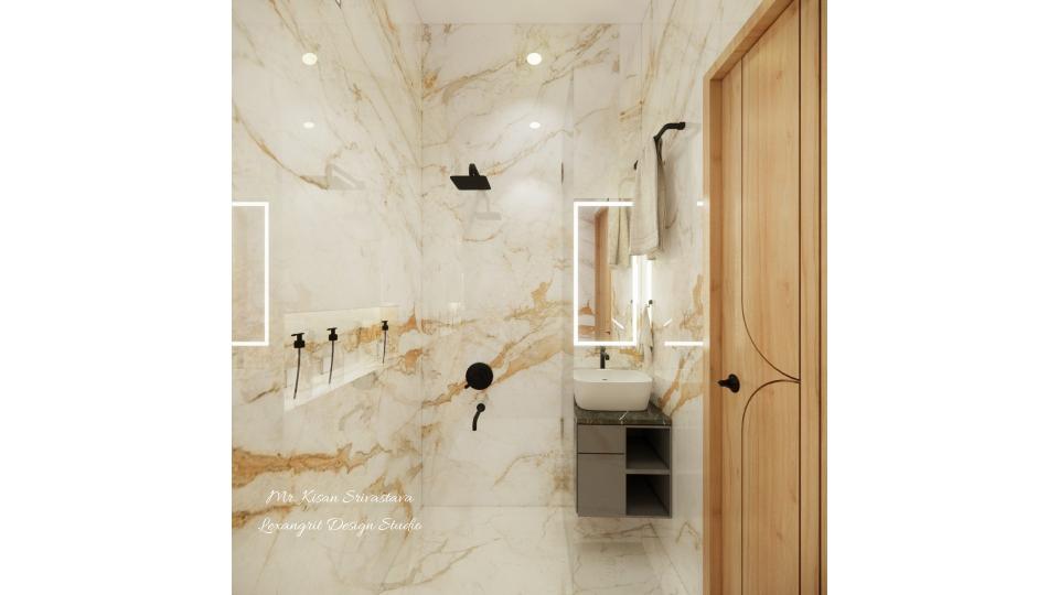 After entrance bathroom showing vanity unit with mirror  & shower area