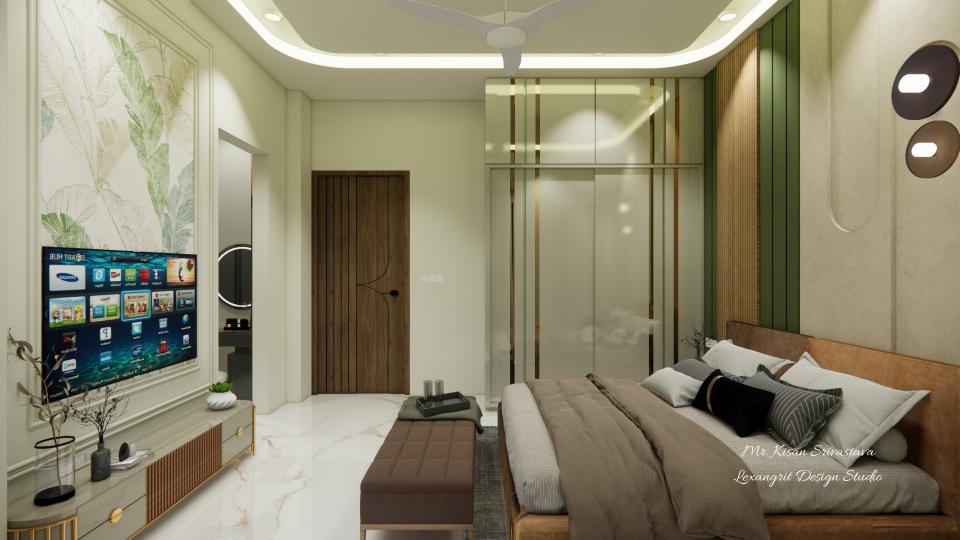 After entrance Bedroom showing luxurious bed ,sleek tv unit and sliding wardrobe