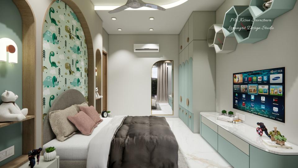 After entrance kids bedroom showing luxury bed,sleek tv unit & wardrobe , large mirror