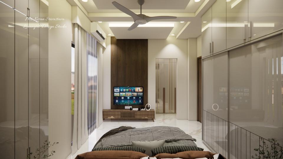 After entrance master bedroom showing sliding wardrobe & sleek tv unit with some storage,back wall louvers panelling design