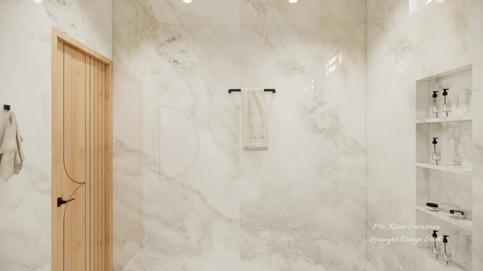 Bathroom entrance door view & some open shelf storages