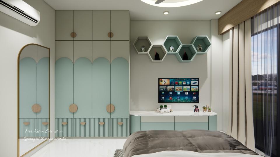 Bed front view showing tv unit, decorative wardrobe & large mirror