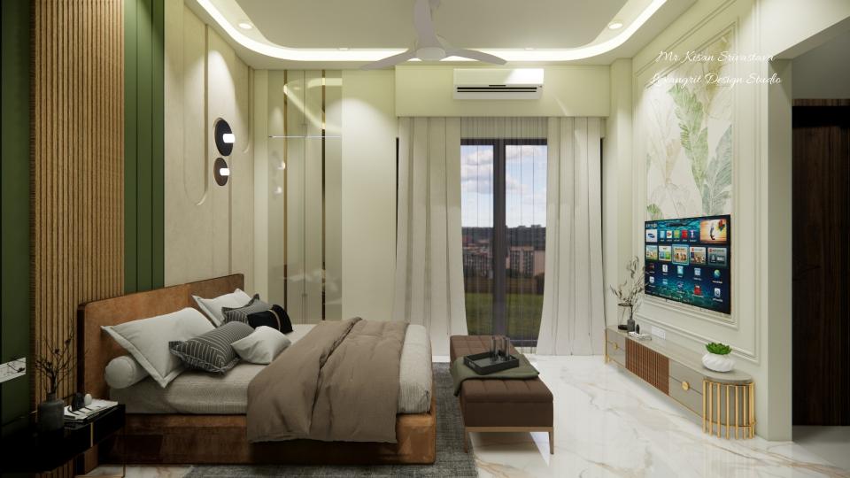 Bed room showcasing sleek tv unit & luxurious bed with some storage