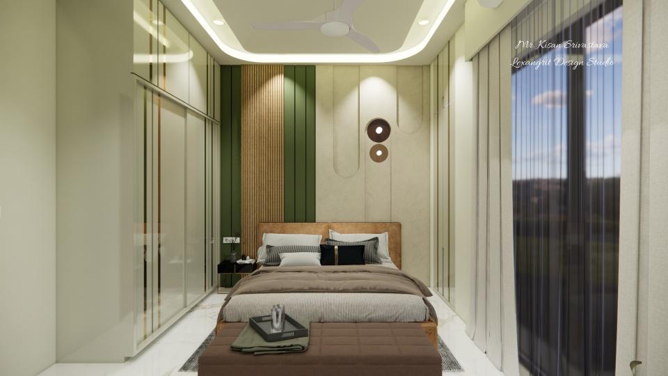 Bedroom showing luxurious bed with side table, headboard wall louvers panelling design & sliding wardrobe