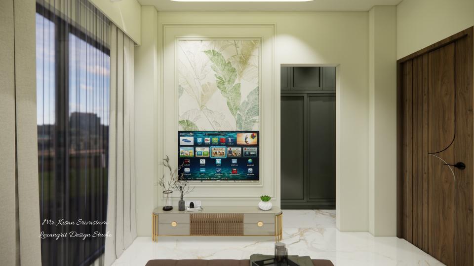 Bedroom sleek tv unit with some storage and back wall wallpaper - moulding design