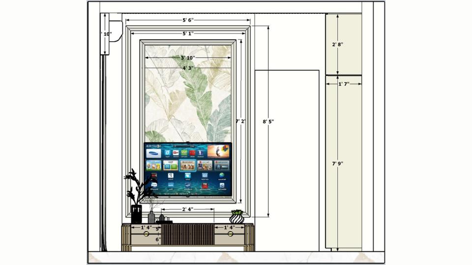 2D measurement drawing of bedroom TV unit wall design showing French moulding panel, wallpaper backdrop, grey base cabinet dimensions, curtain side spacing, and sliding wardrobe with loft measurements.