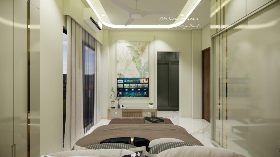 Budget-friendly bedroom TV unit design with French moulding wall, wallpaper backdrop, grey base storage unit, full-height curtain on the left, and sliding wardrobe with loft on the right.